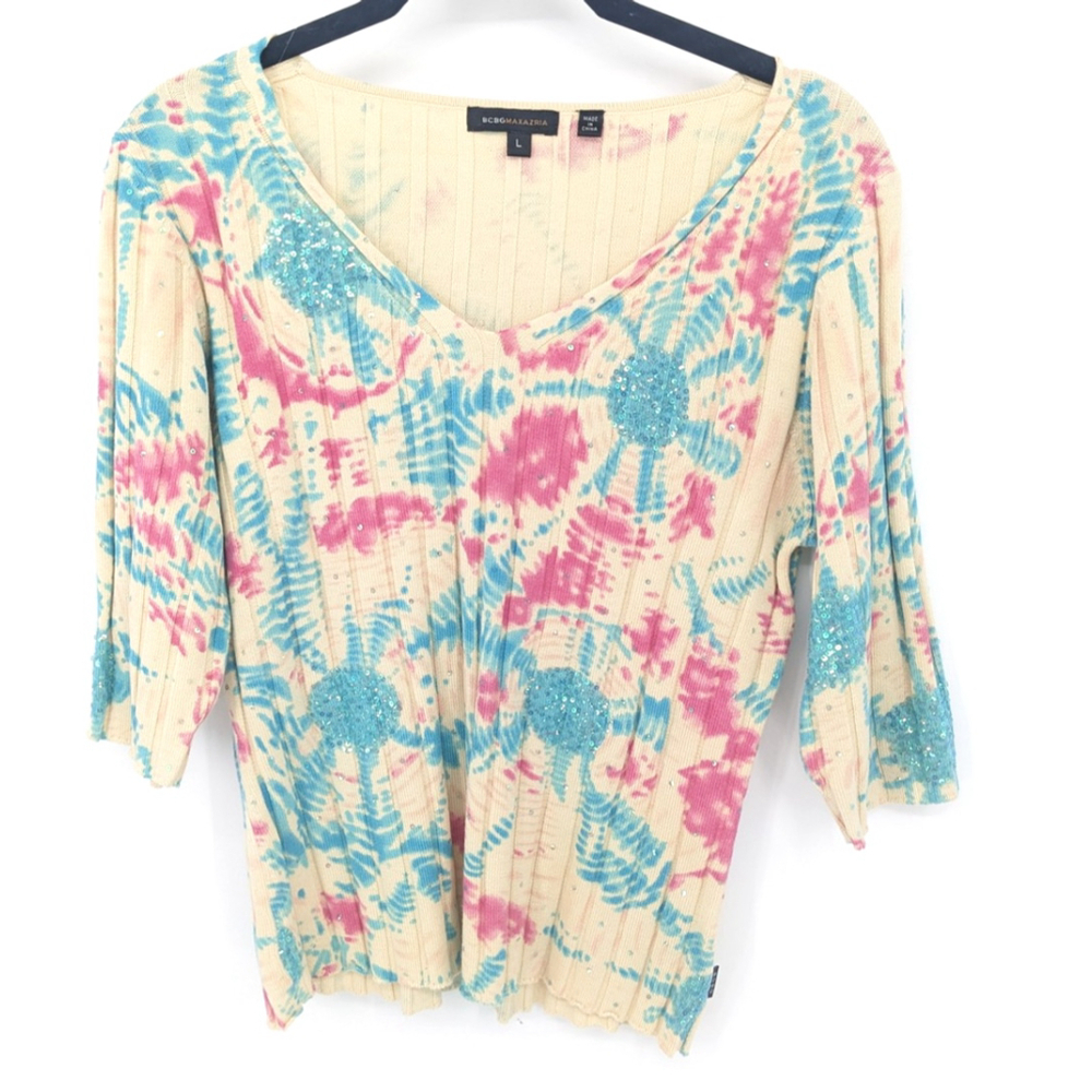 BCBG Max Azria Sweater‎ Womens Large Multicolor Tie Dye Sequin Silk Blend Y2K